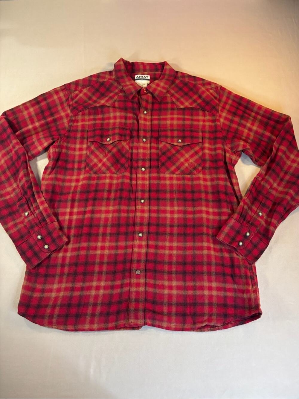 Ariat Red & Black Western Plaid Flannel Pearl Snap Western Shirt Men's XL